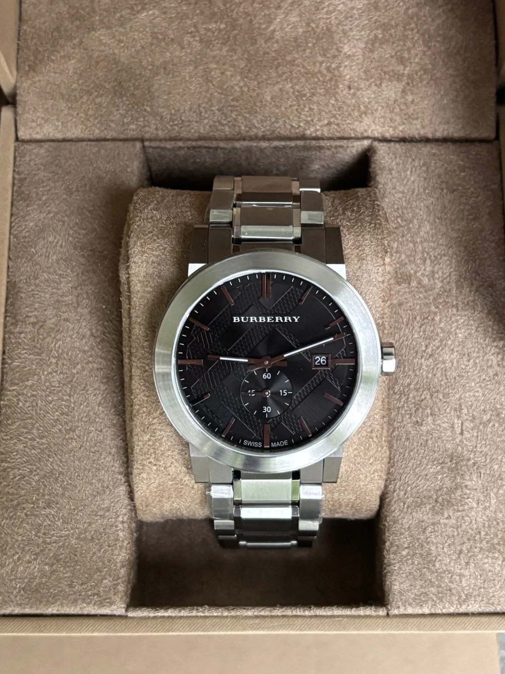 Burberry Silver Black Dial Heritage Watch, Like New with Box